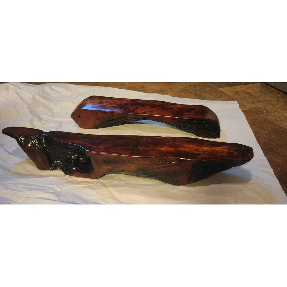 Vintage Set Of 2 Live Edge Red Wood Wall Mounted Floating Mantel Shelves Burl